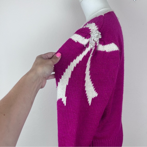 Vintage Jaclyn Smith Sweater Womens Medium Pink 80s 90s Beaded Bow Wool Angora - Picture 4 of 12